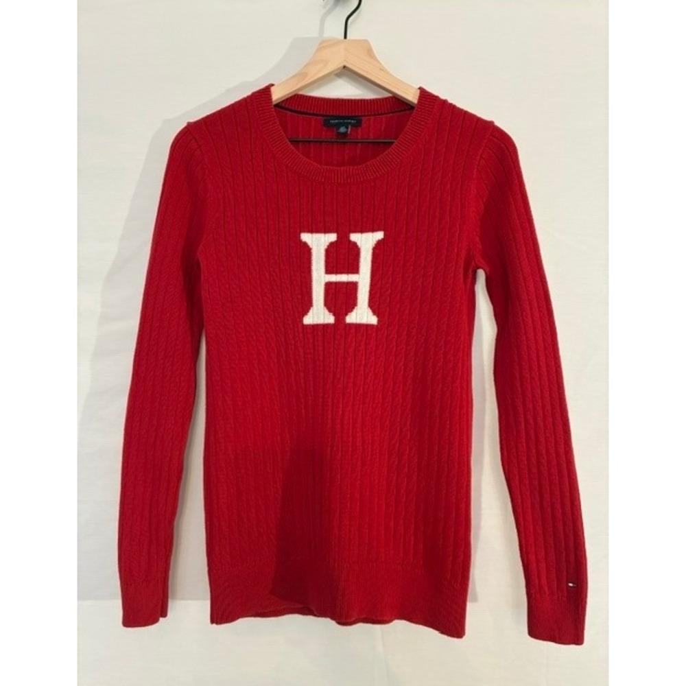 Tommy Hilfiger red ribbed crew neck sweater with white H size small